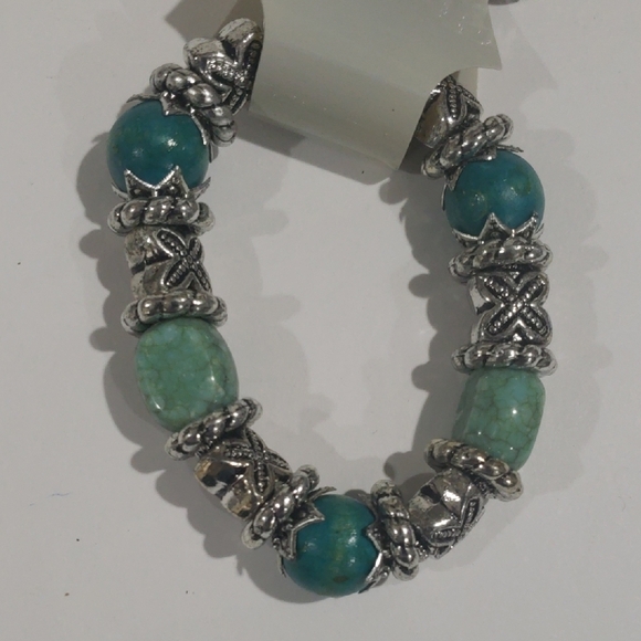 Elegant Silver tone & Turquoise Beads Bracelet and Earring Set - Women's Jewelry - Picture 3 of 6